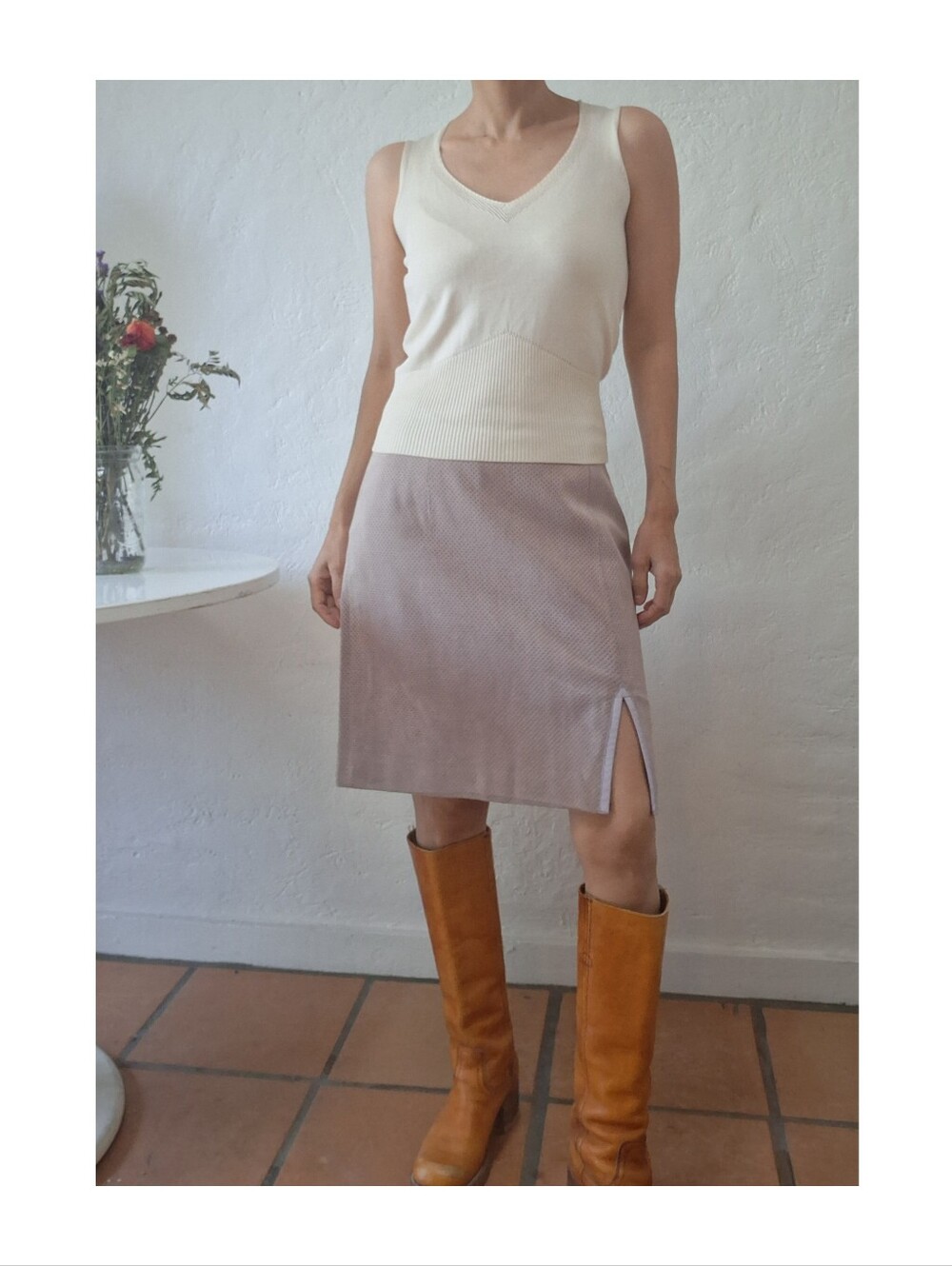 Vintage 90s Paolo Santino Lilac Perforated Leather Skirt Minimalist Office Siren